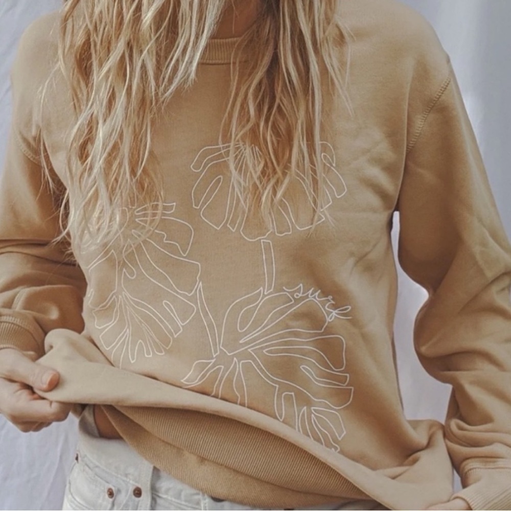 Post Surf Tan and White Monstera Leaf Design Crewneck Sweatshirt